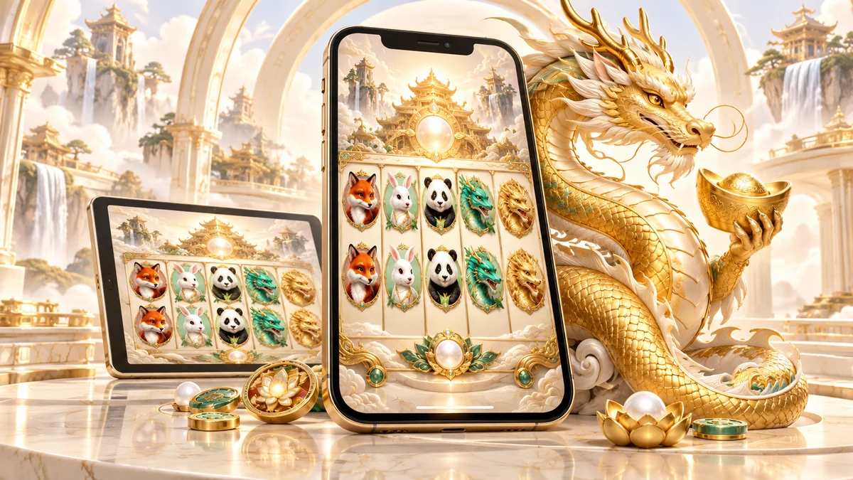 Bàn slot linh thú trên điện thoại bên cạnh rồng vàng Long Bảo
