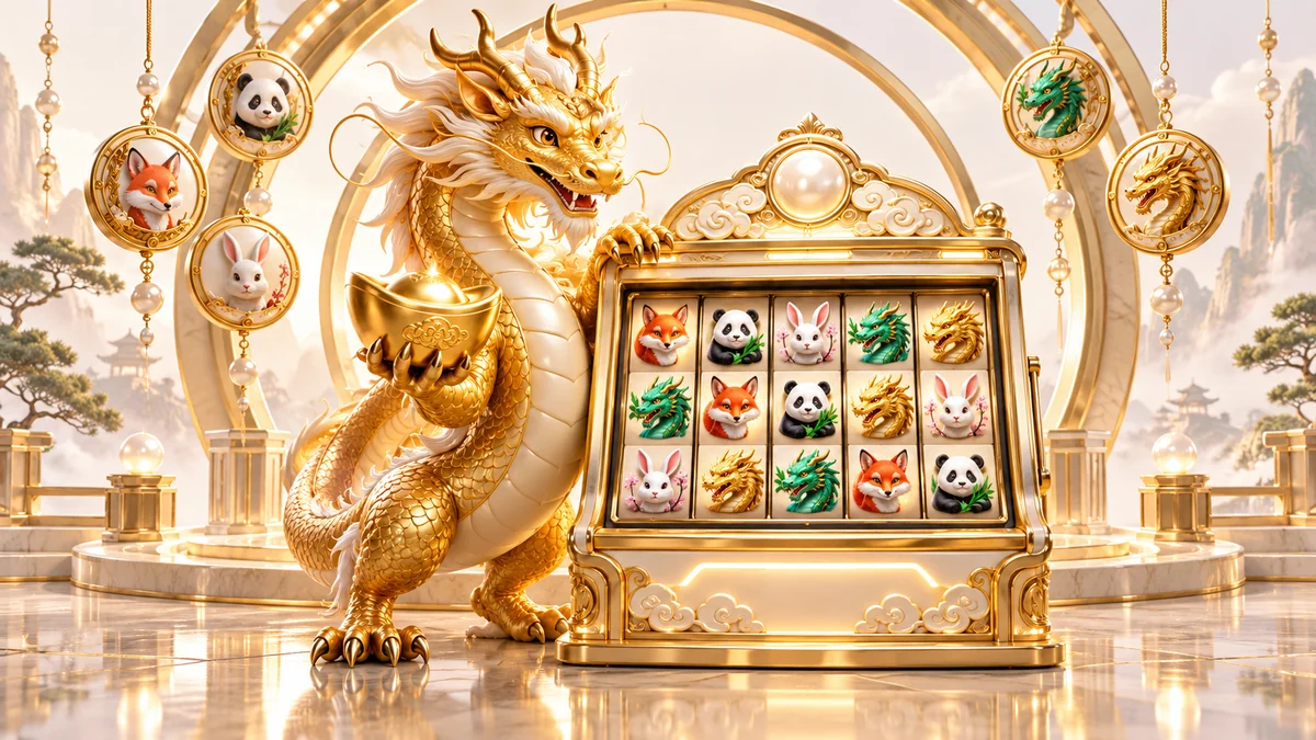 Rồng vàng Long Bảo bên bàn slot và các biểu tượng linh thú